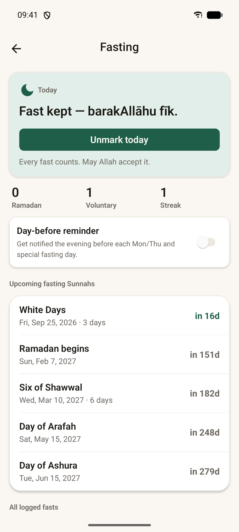 The fasting page: today, the Ramadan and voluntary counts, and the coming Sunnah fasting days with how far off each one is.