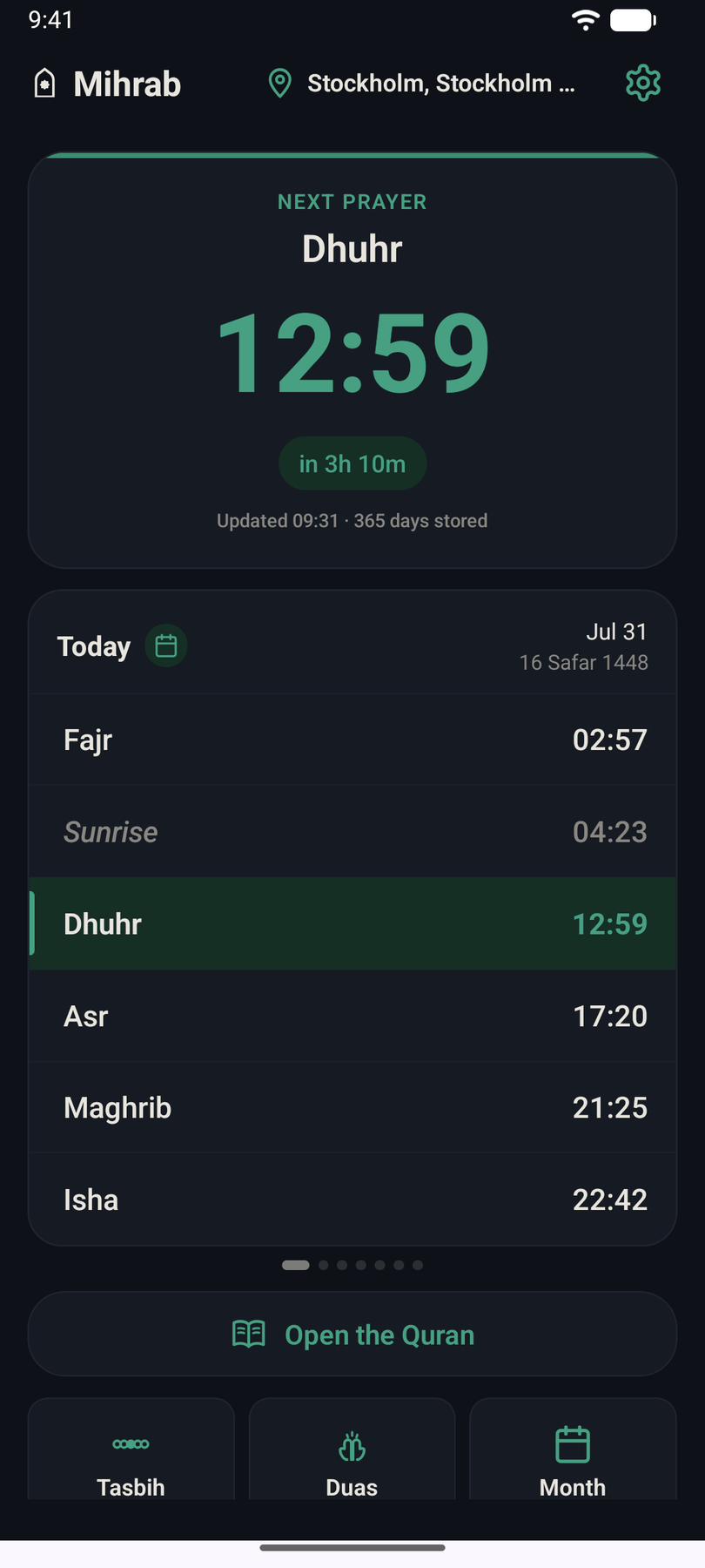 The same home screen in dark theme.