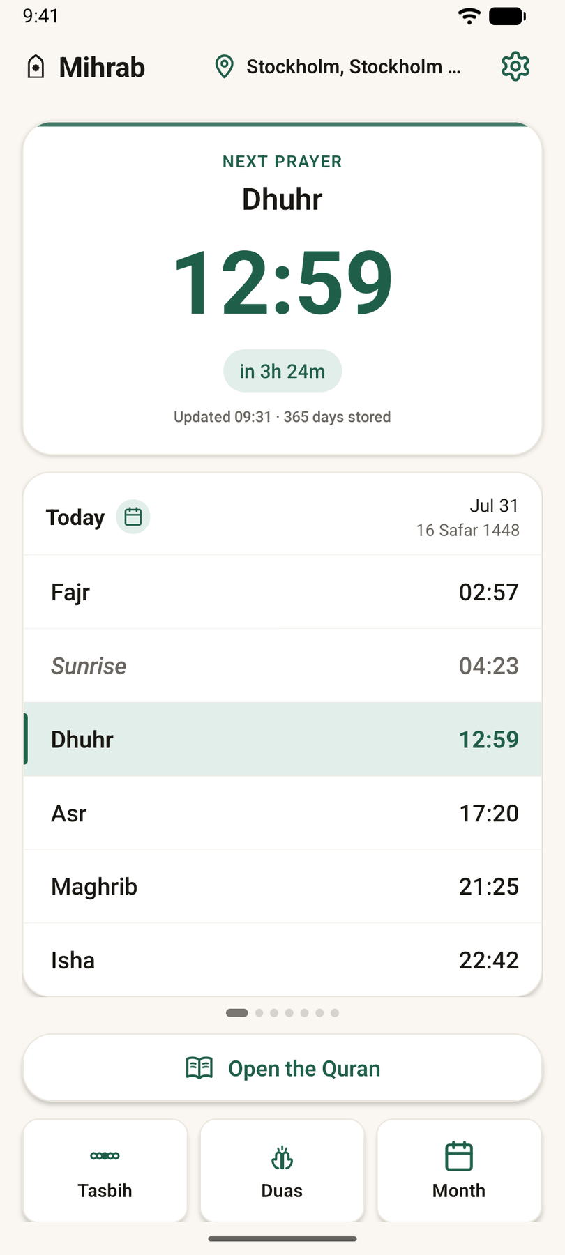 Home screen: the next prayer with a live countdown above the day’s five times.