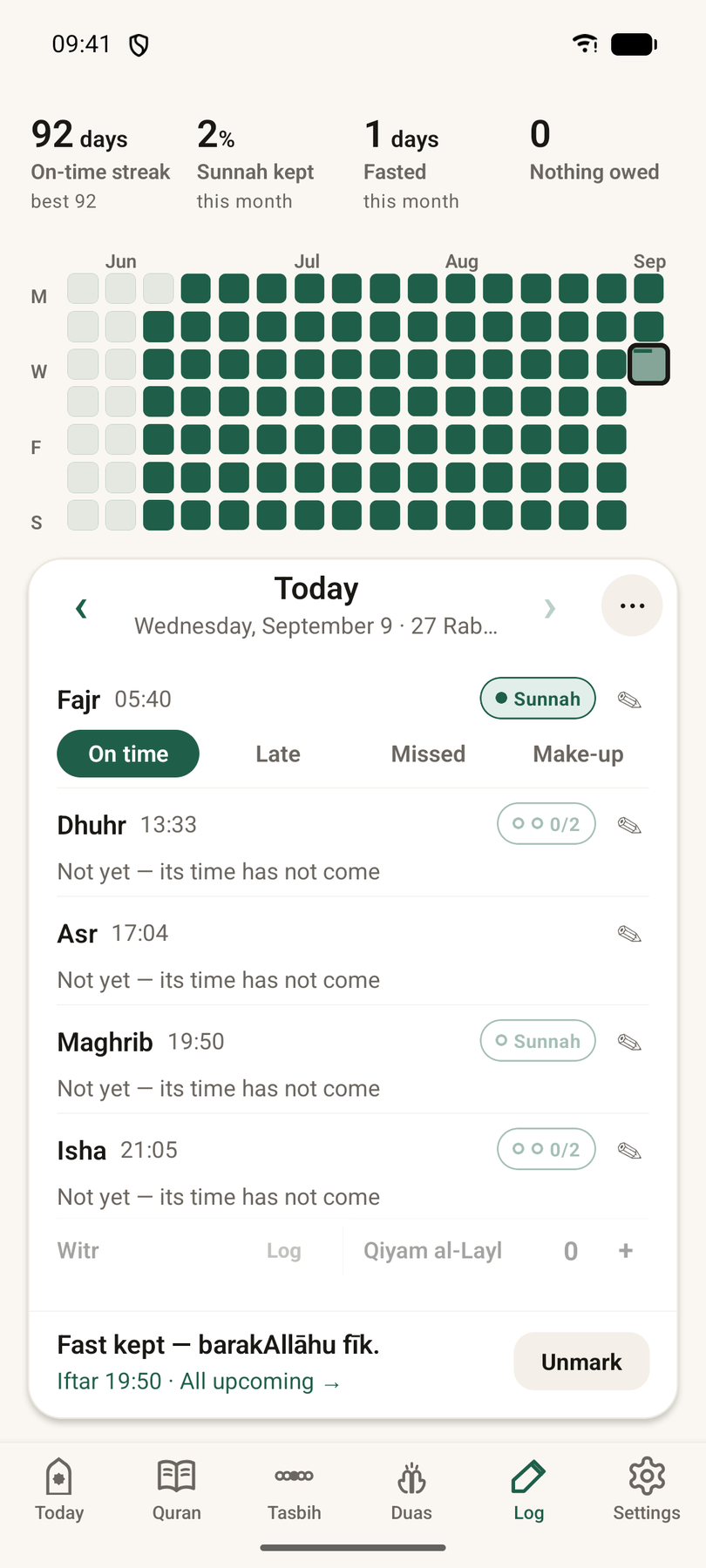 The prayer journal: a practice graph, on-time streak, fasts kept and what is owed.