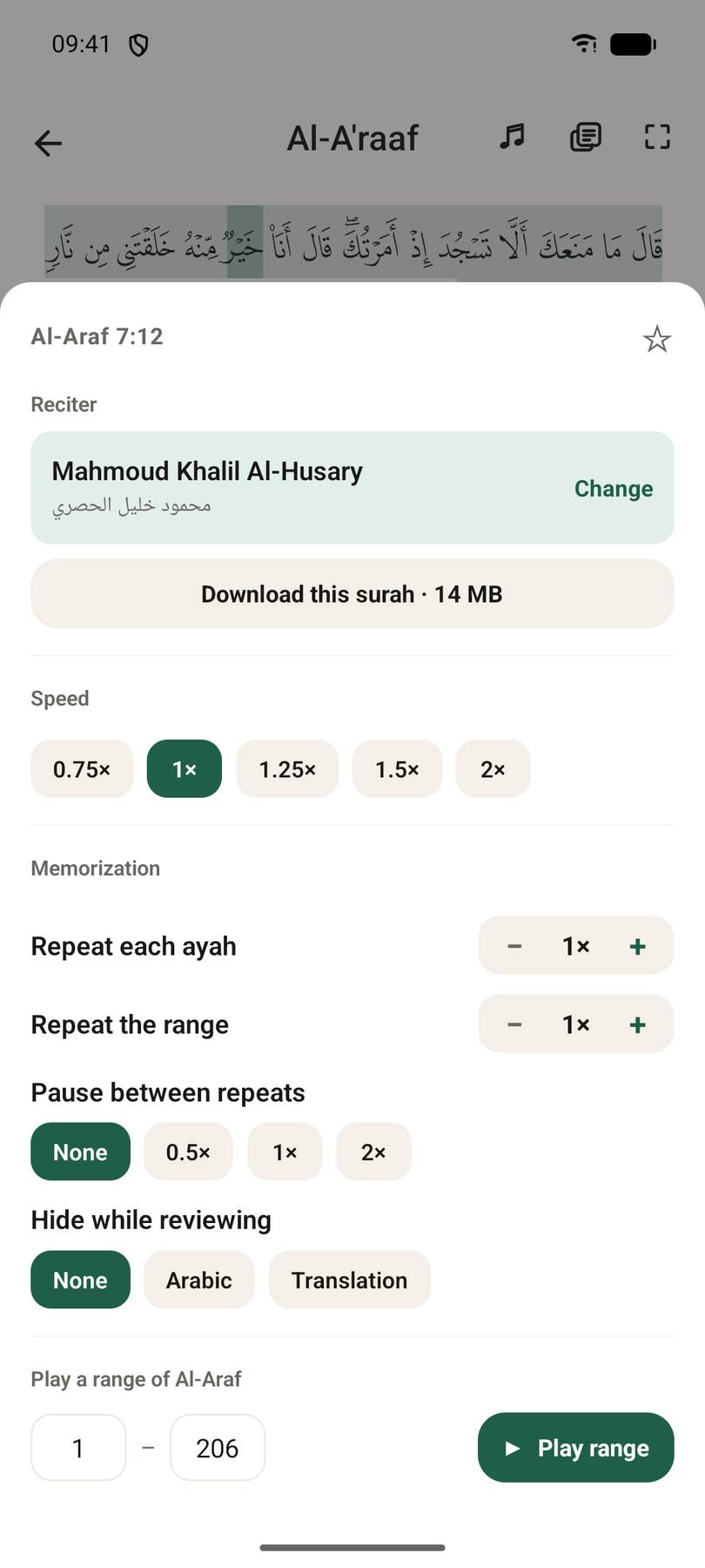The recitation panel: reciter, speed, repeat each ayah, repeat the range, a pause between repeats, and hiding the Arabic or the translation while reviewing.