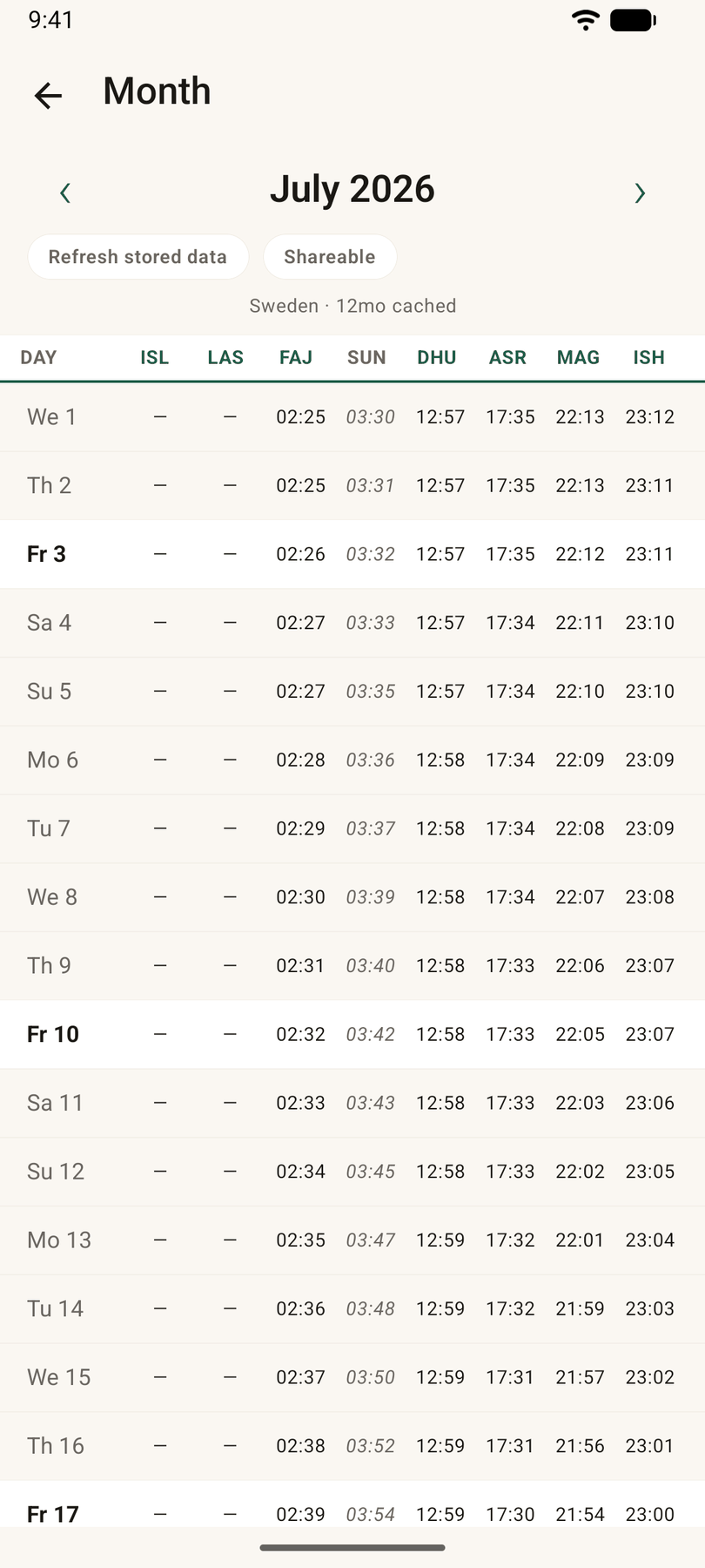 Month view: a full month of prayer times in a table.