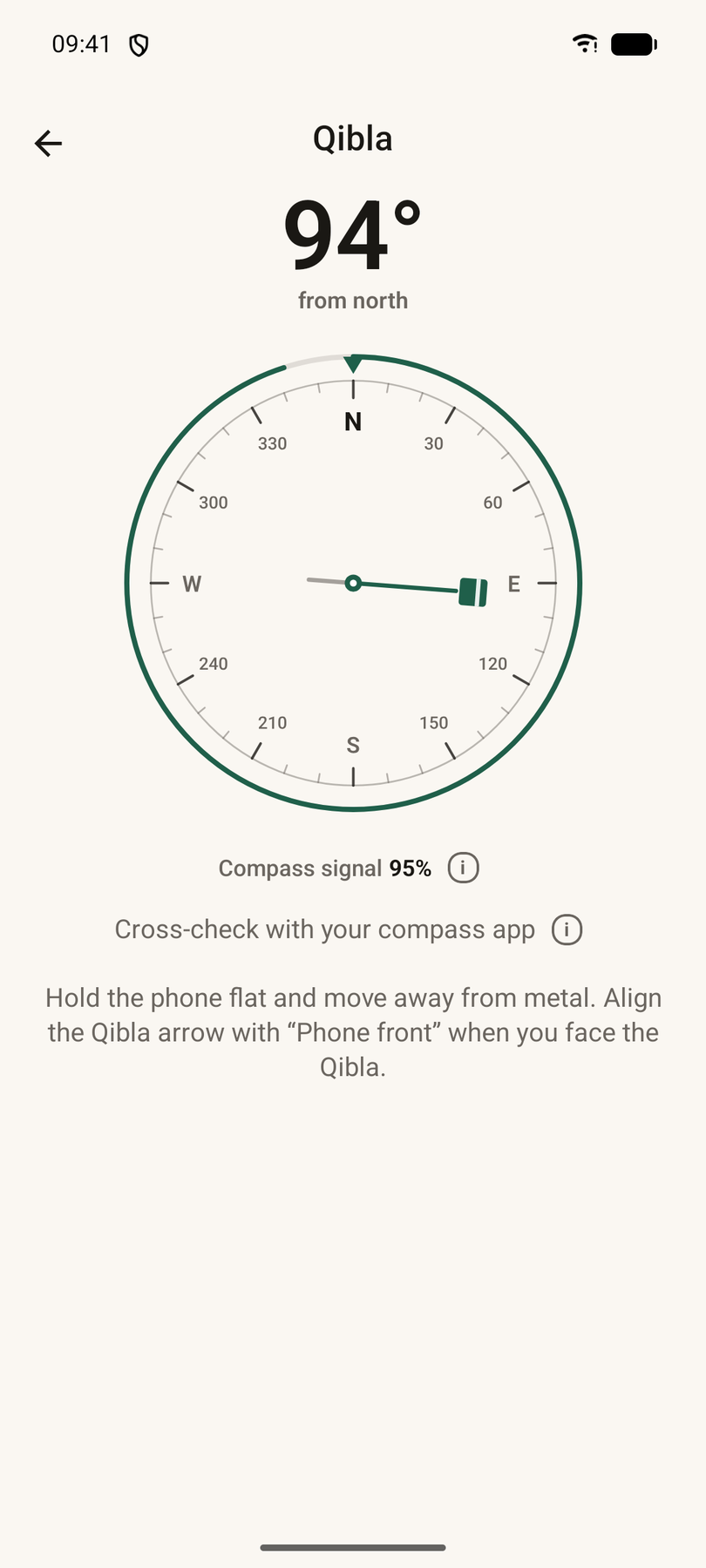 Qibla compass: a dial with the bearing, the signal strength, and a cross-check.