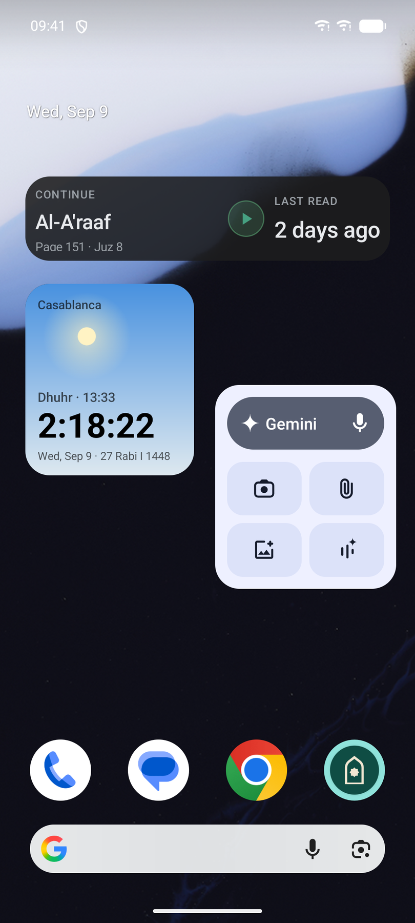An Android home screen carrying the Sky widget — the day’s sky with the next prayer and a live countdown — and the Continue Reading widget above it.