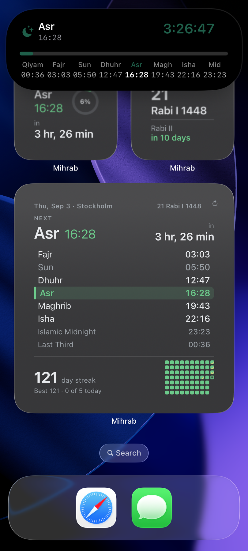 A phone home screen carrying Mihrab widgets and the Live Activity countdown.